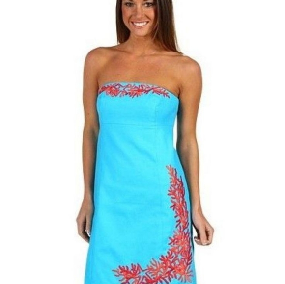 Lilly Pulitzer Blue Stitched Coral Strapless Dress